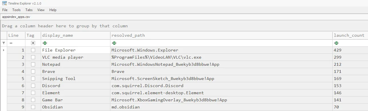 appsindex_apps.csv opened in Eric Zimmerman's Timeline Explorer, showing display_name, resolved_path, and launch_count columns