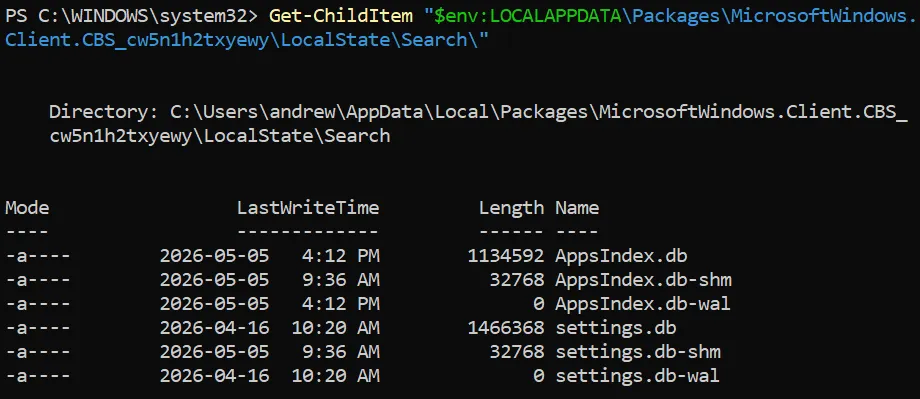 PowerShell Get-ChildItem output listing AppsIndex.db, AppsIndex.db-shm, AppsIndex.db-wal, settings.db, settings.db-shm, and settings.db-wal