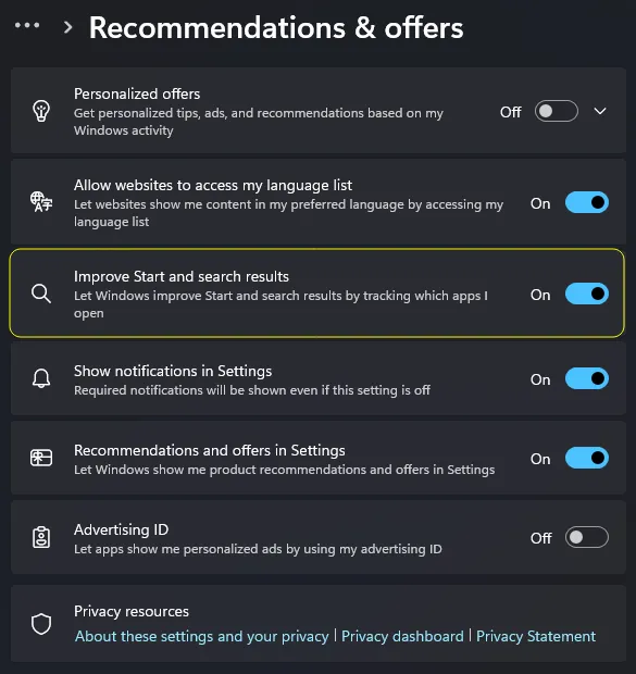 Windows 11 Settings showing the Recommendations and offers page with the Improve Start and search results toggle highlighted in its default on position